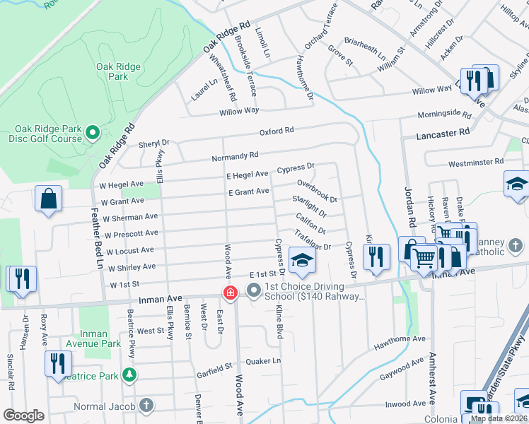 map of restaurants, bars, coffee shops, grocery stores, and more near 24 East Sherman Avenue in Woodbridge Township