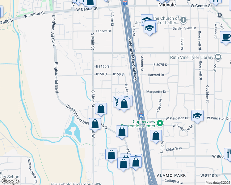 map of restaurants, bars, coffee shops, grocery stores, and more near 588 West Wolfe Grove Circle in Midvale