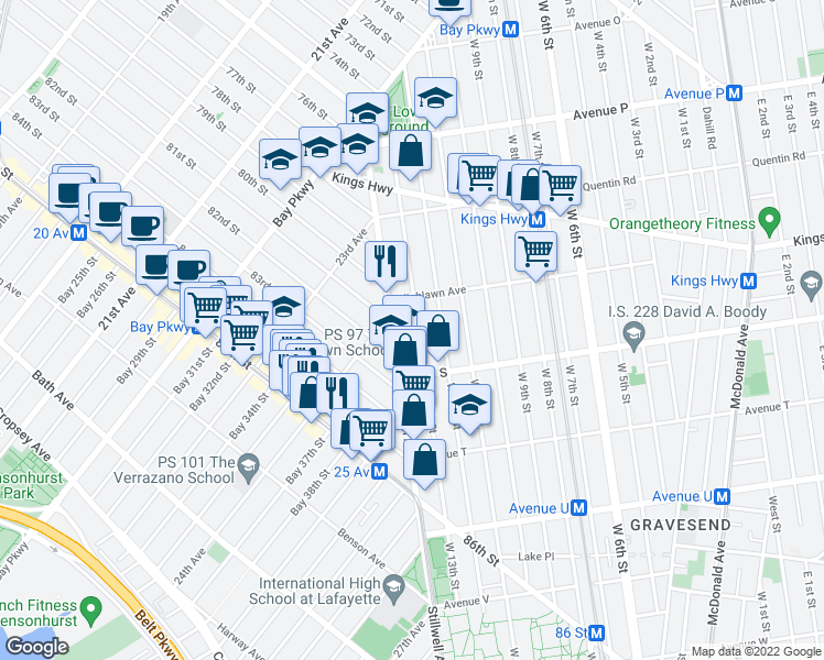 map of restaurants, bars, coffee shops, grocery stores, and more near 1838 West 13th Street in Brooklyn