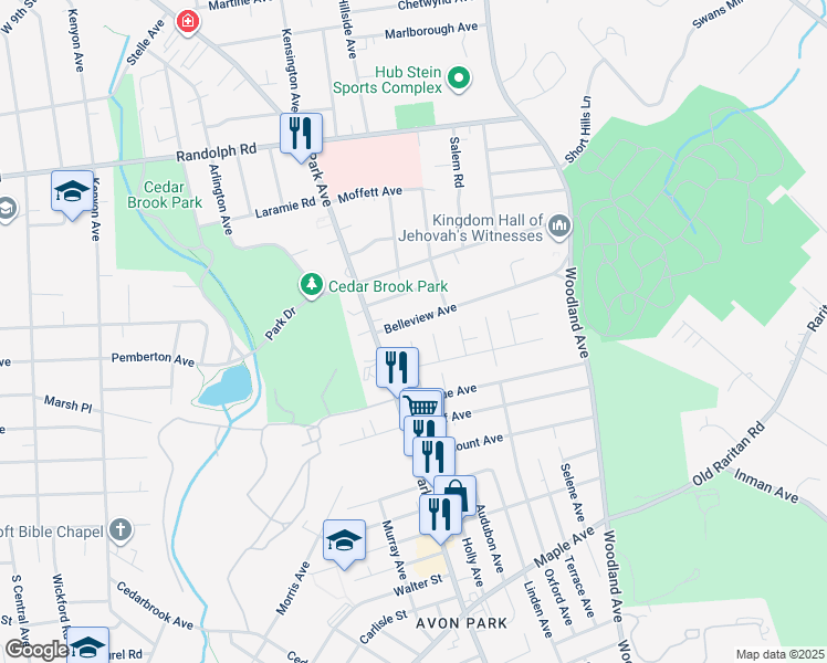 map of restaurants, bars, coffee shops, grocery stores, and more near 1328 Belleview Avenue in Plainfield