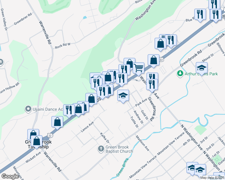 map of restaurants, bars, coffee shops, grocery stores, and more near 192 U.S. 22 in Green Brook Township