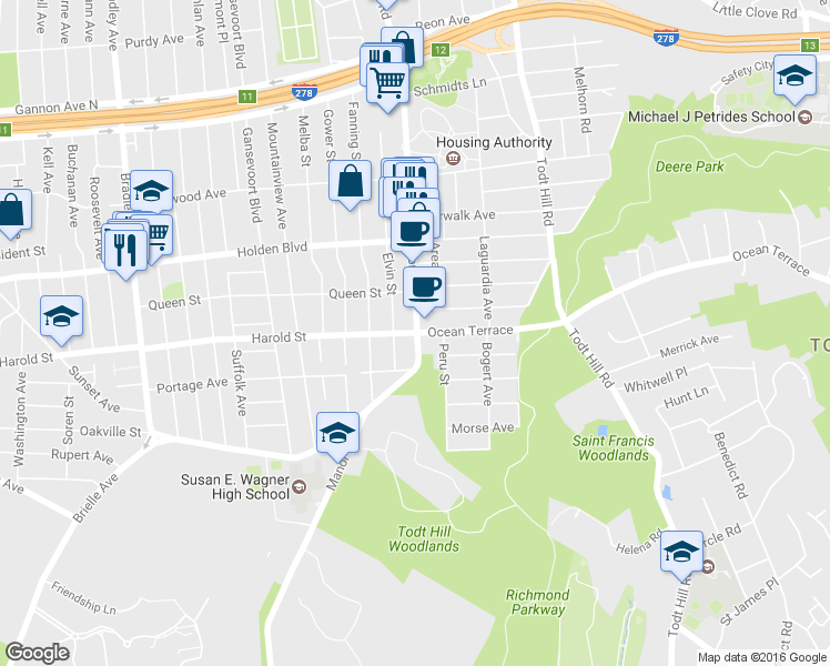map of restaurants, bars, coffee shops, grocery stores, and more near 14 Harold Street in Staten Island
