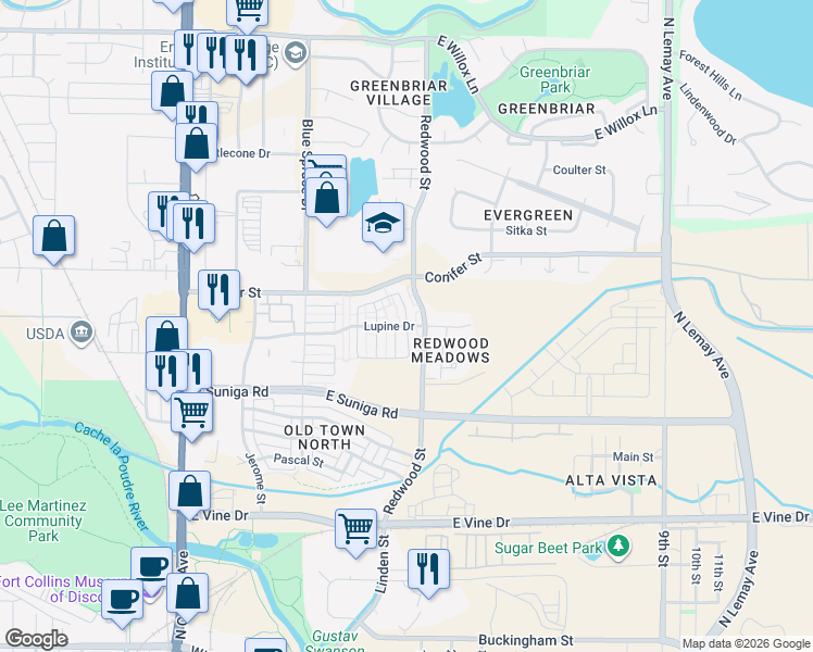 map of restaurants, bars, coffee shops, grocery stores, and more near Mary Jane Way in Fort Collins