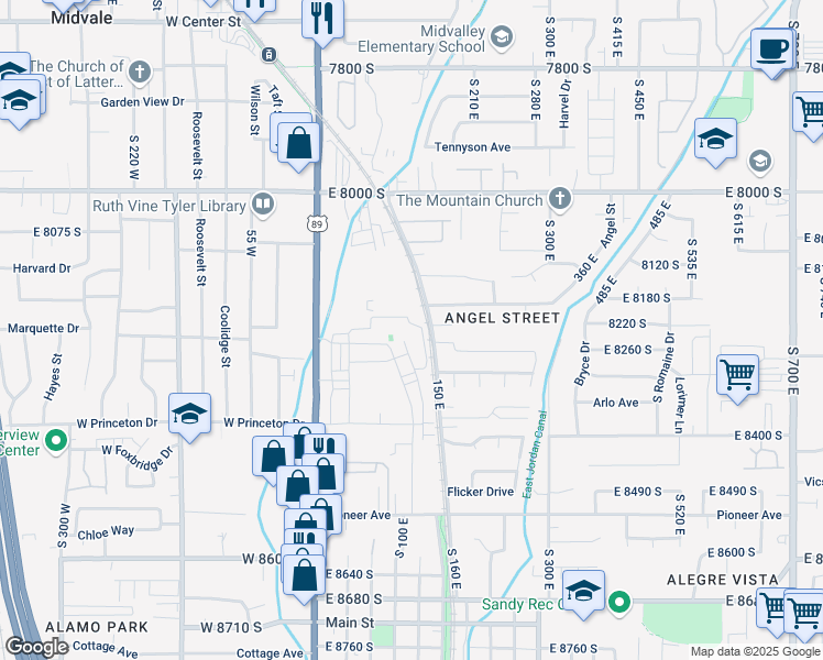 map of restaurants, bars, coffee shops, grocery stores, and more near 126 East Resaca Drive in Sandy
