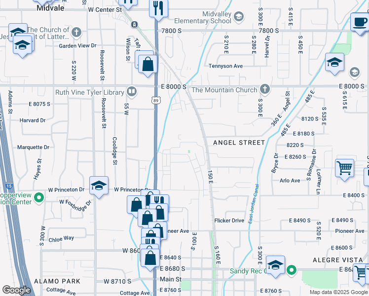 map of restaurants, bars, coffee shops, grocery stores, and more near 104 East Resaca Drive in Sandy