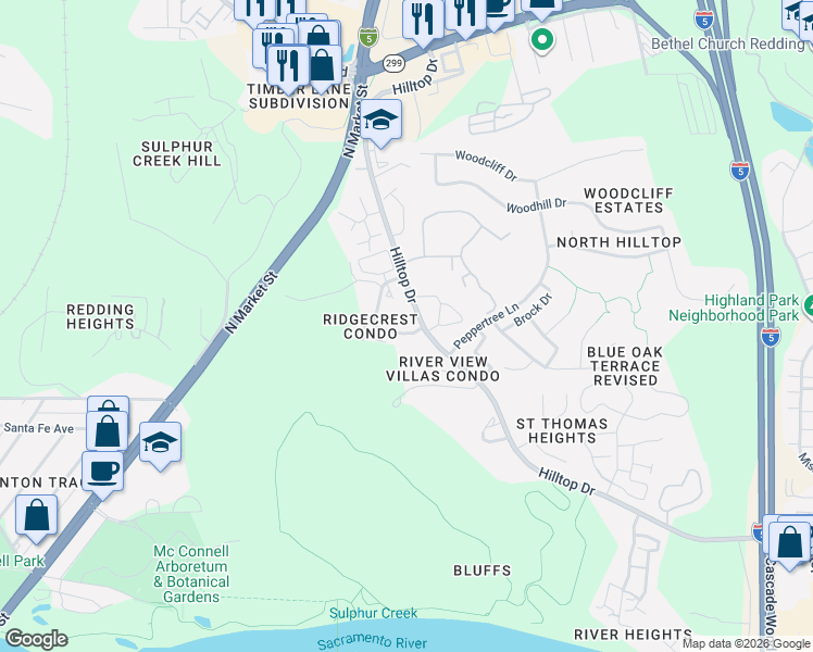 map of restaurants, bars, coffee shops, grocery stores, and more near 410 Ridgecrest Trail in Redding