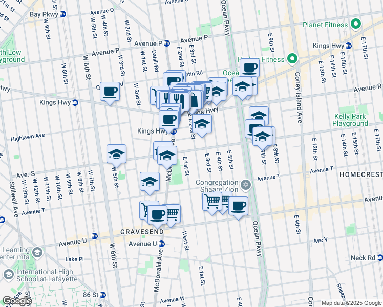 map of restaurants, bars, coffee shops, grocery stores, and more near 387 Avenue S in Brooklyn
