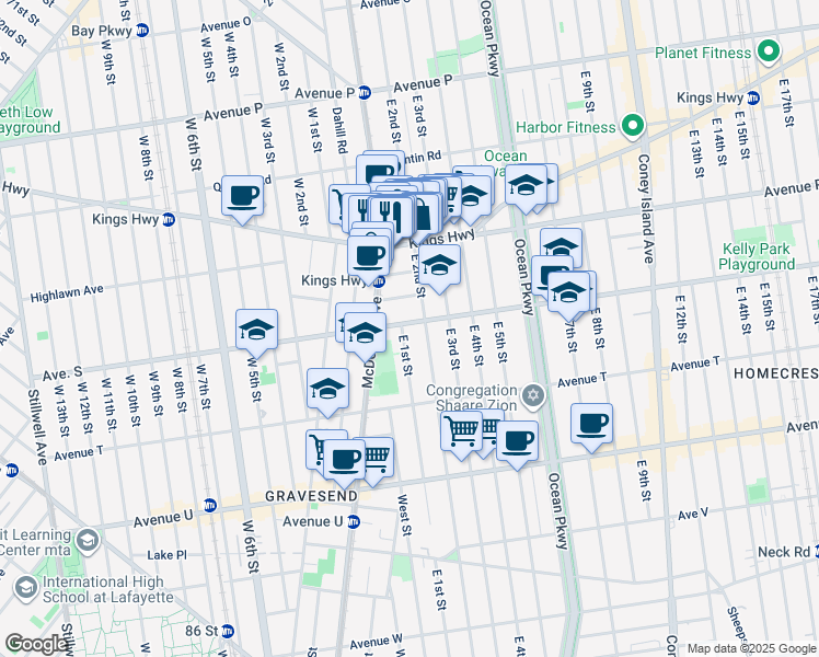 map of restaurants, bars, coffee shops, grocery stores, and more near 387 Avenue S in Brooklyn