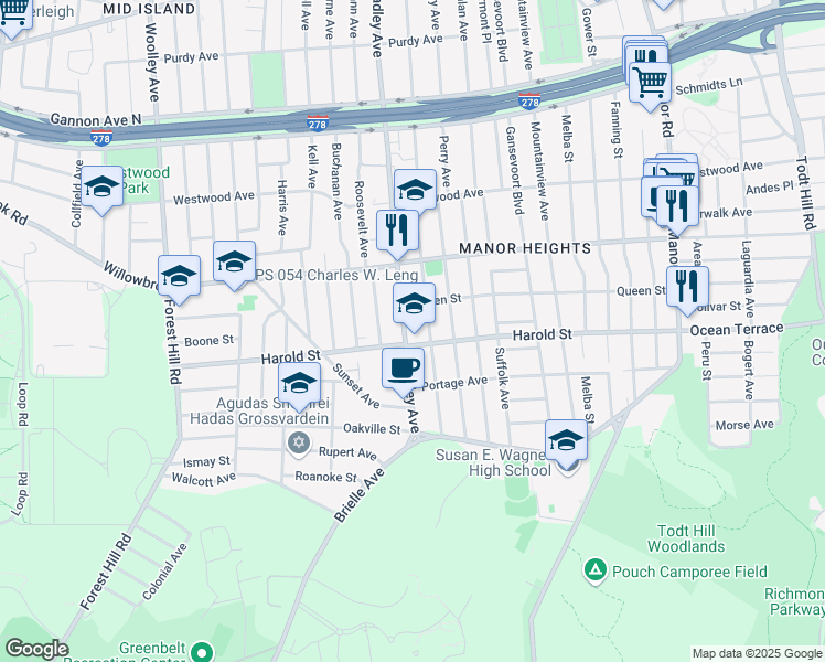 map of restaurants, bars, coffee shops, grocery stores, and more near 366 Bradley Avenue in Staten Island