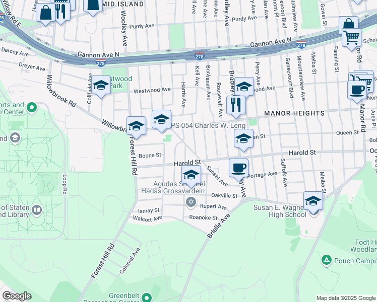 map of restaurants, bars, coffee shops, grocery stores, and more near 15 Washington Avenue in Staten Island