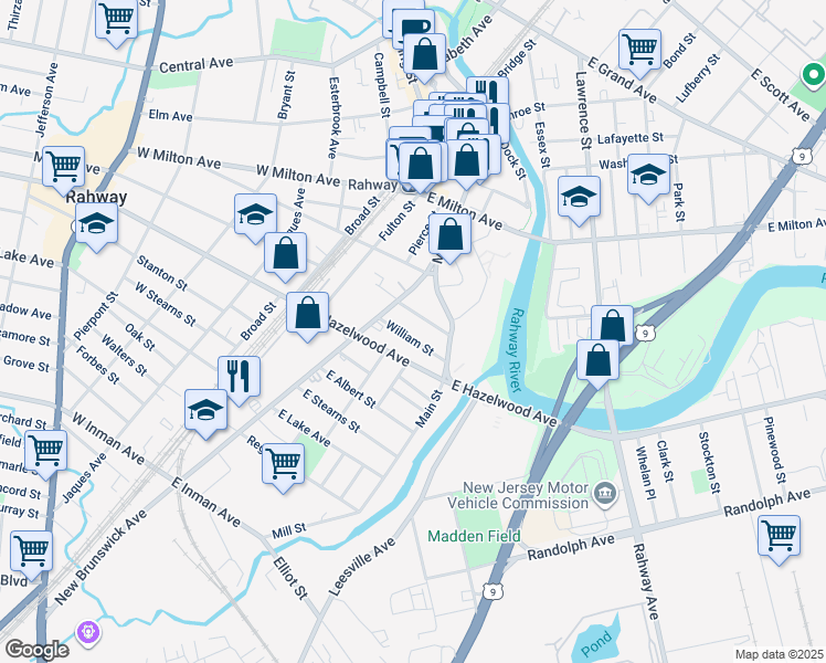 map of restaurants, bars, coffee shops, grocery stores, and more near 202 William Street in Rahway