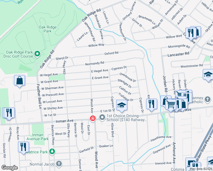 map of restaurants, bars, coffee shops, grocery stores, and more near 24 East Sherman Avenue in Woodbridge Township