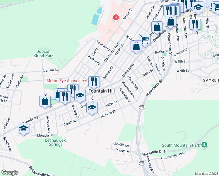 map of restaurants, bars, coffee shops, grocery stores, and more near in Fountain Hill