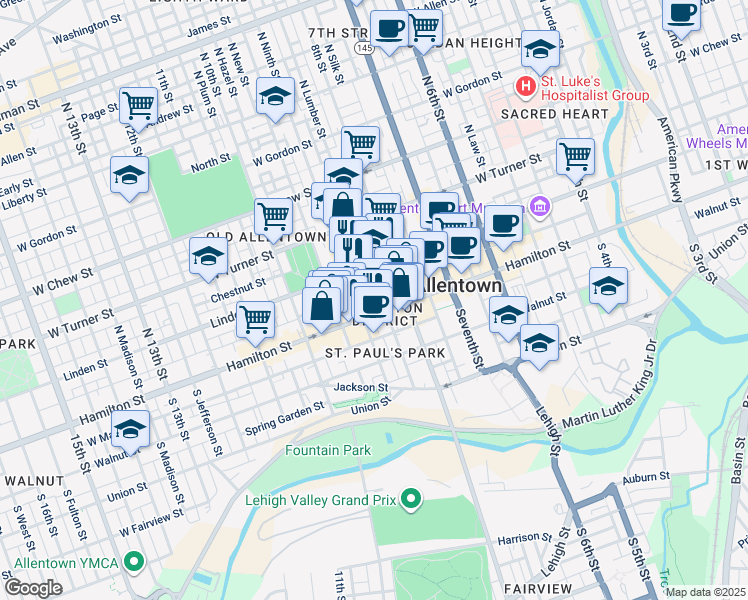 map of restaurants, bars, coffee shops, grocery stores, and more near 25 North Ninth Street in Allentown