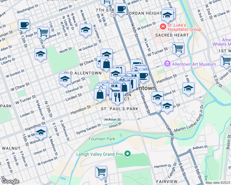 map of restaurants, bars, coffee shops, grocery stores, and more near 25 North Ninth Street in Allentown