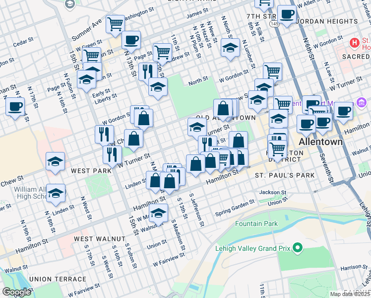 map of restaurants, bars, coffee shops, grocery stores, and more near 148 North 12th Street in Allentown