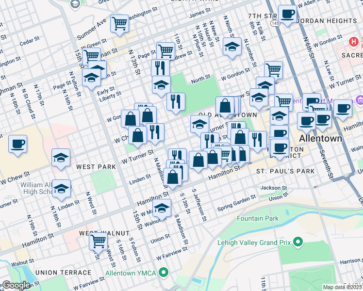 map of restaurants, bars, coffee shops, grocery stores, and more near 148 North 12th Street in Allentown