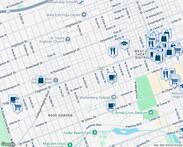map of restaurants, bars, coffee shops, grocery stores, and more near in Allentown