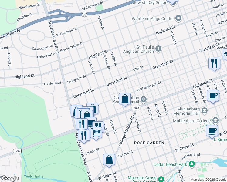 map of restaurants, bars, coffee shops, grocery stores, and more near 1402 Tilghman Street in Allentown