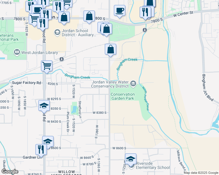 map of restaurants, bars, coffee shops, grocery stores, and more near 8215 South 1300 West in West Jordan