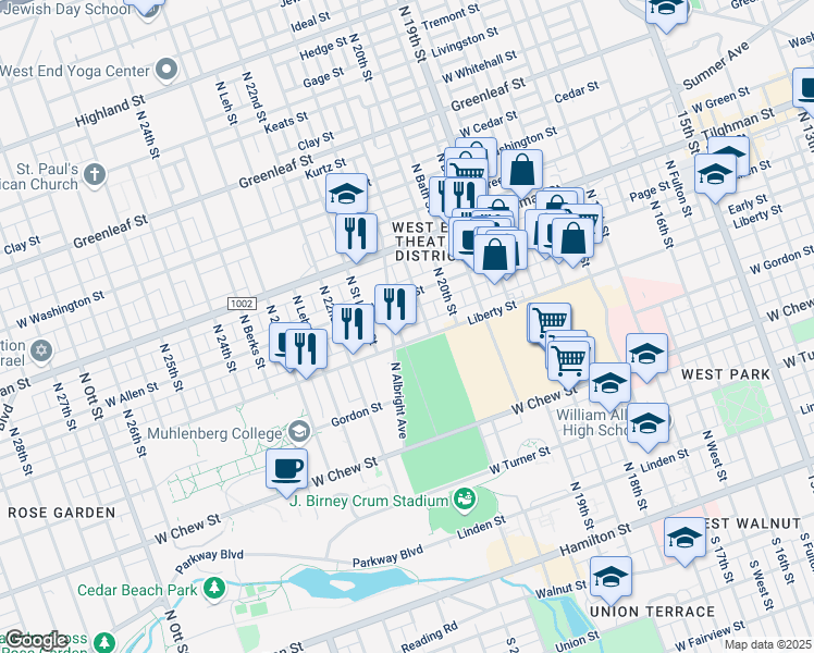 map of restaurants, bars, coffee shops, grocery stores, and more near 521 North 21st Street in Allentown