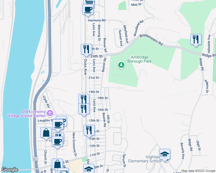 map of restaurants, bars, coffee shops, grocery stores, and more near 923 Hazel Avenue in Ambridge