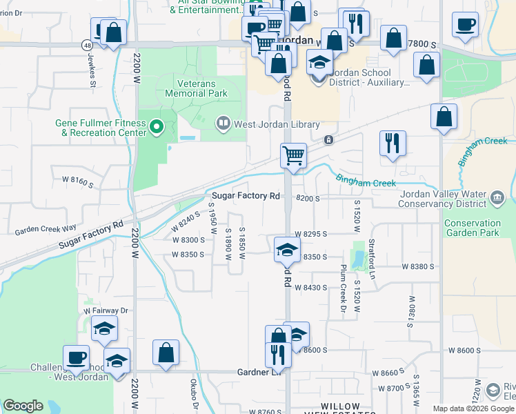 map of restaurants, bars, coffee shops, grocery stores, and more near in West Jordan