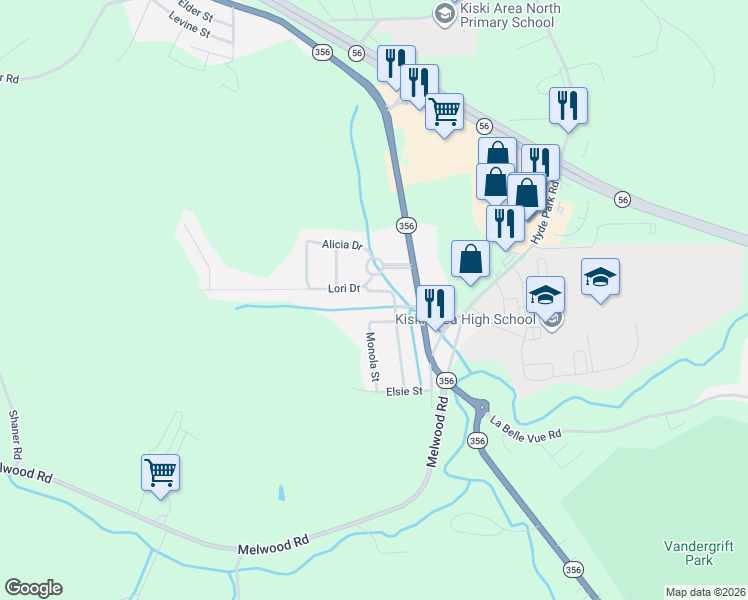 map of restaurants, bars, coffee shops, grocery stores, and more near 1 Moreland Drive in Leechburg