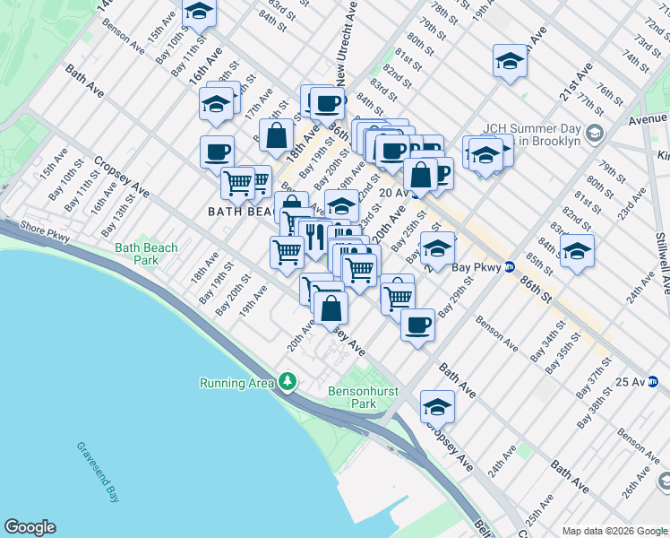 map of restaurants, bars, coffee shops, grocery stores, and more near 157 Bay 23rd Street in Brooklyn