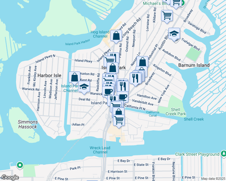 map of restaurants, bars, coffee shops, grocery stores, and more near 164B Long Beach Road in Island Park