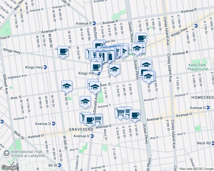 map of restaurants, bars, coffee shops, grocery stores, and more near 388 Avenue S in Brooklyn