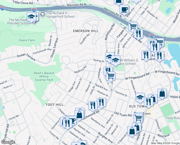 map of restaurants, bars, coffee shops, grocery stores, and more near 172 Rome Avenue in Staten Island