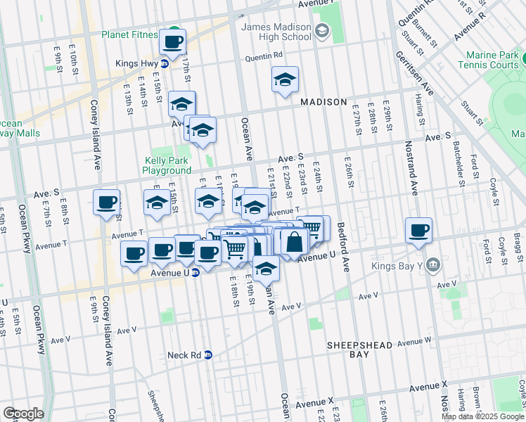 map of restaurants, bars, coffee shops, grocery stores, and more near 2001 Avenue T in Brooklyn