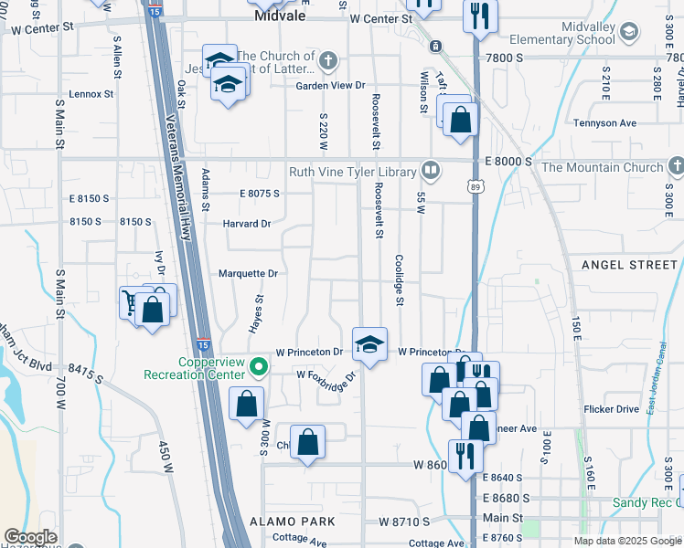 map of restaurants, bars, coffee shops, grocery stores, and more near 188 Marquette Drive in Midvale
