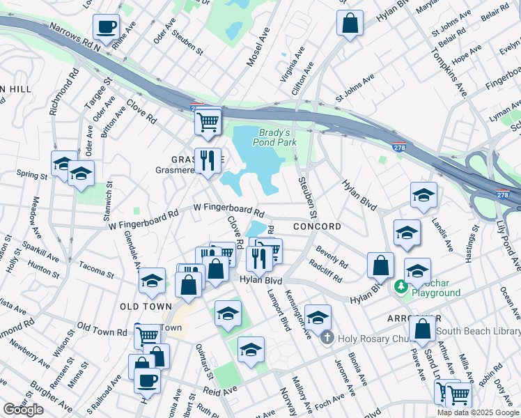 map of restaurants, bars, coffee shops, grocery stores, and more near 793 West Fingerboard Road in Staten Island