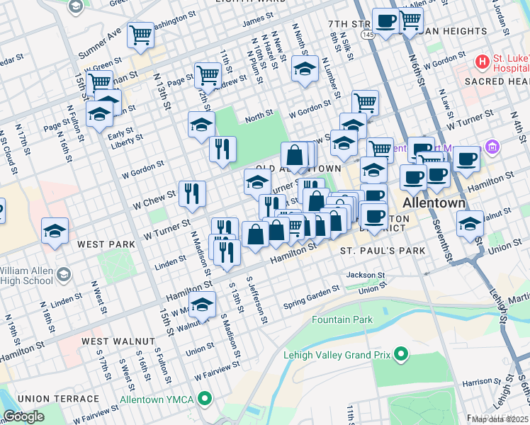 map of restaurants, bars, coffee shops, grocery stores, and more near 122 North Poplar Street in Allentown