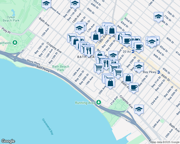 map of restaurants, bars, coffee shops, grocery stores, and more near Cropsey Ave & Bay 20th St in Brooklyn