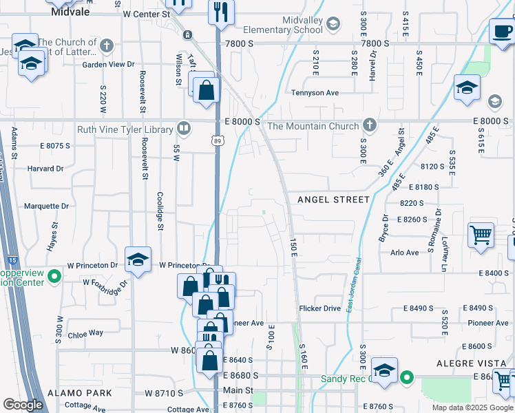 map of restaurants, bars, coffee shops, grocery stores, and more near 104 East Resaca Drive in Sandy