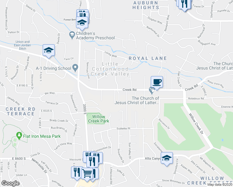 map of restaurants, bars, coffee shops, grocery stores, and more near 8216 Pine Springs Cove in Sandy