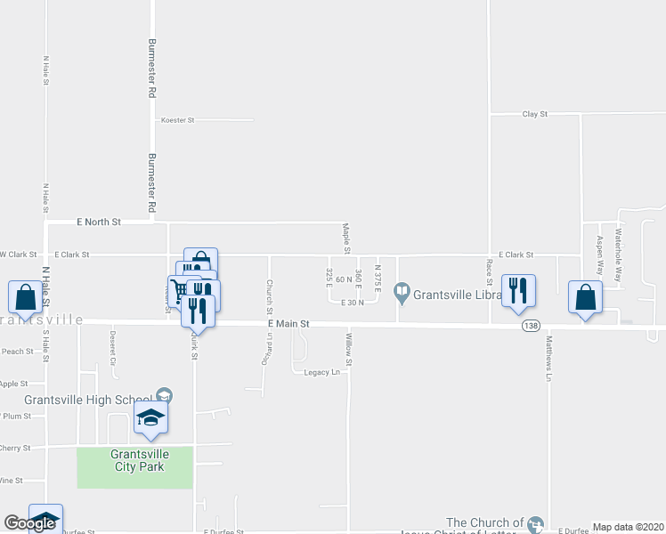 map of restaurants, bars, coffee shops, grocery stores, and more near 84 North 325 East in Grantsville