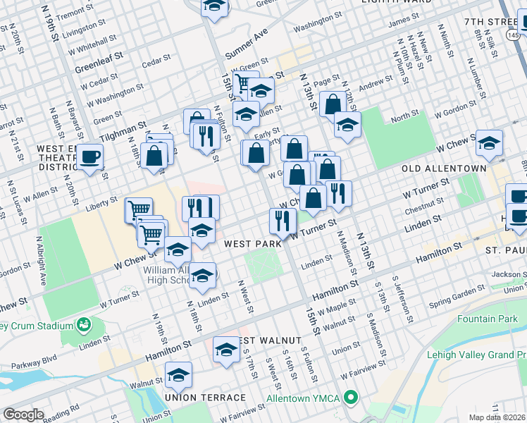 map of restaurants, bars, coffee shops, grocery stores, and more near in Allentown
