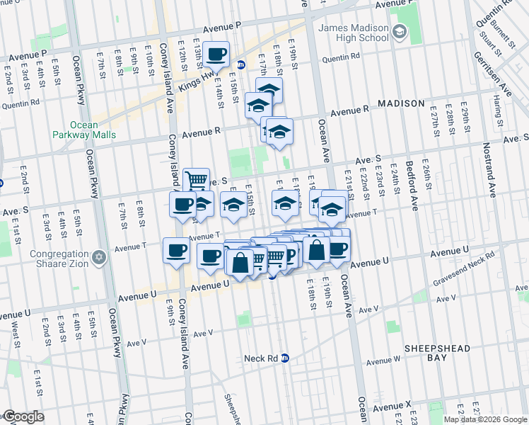 map of restaurants, bars, coffee shops, grocery stores, and more near 1972 East 16th Street in Brooklyn