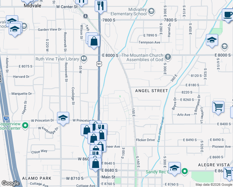 map of restaurants, bars, coffee shops, grocery stores, and more near 8229 South Resaca Drive in Sandy