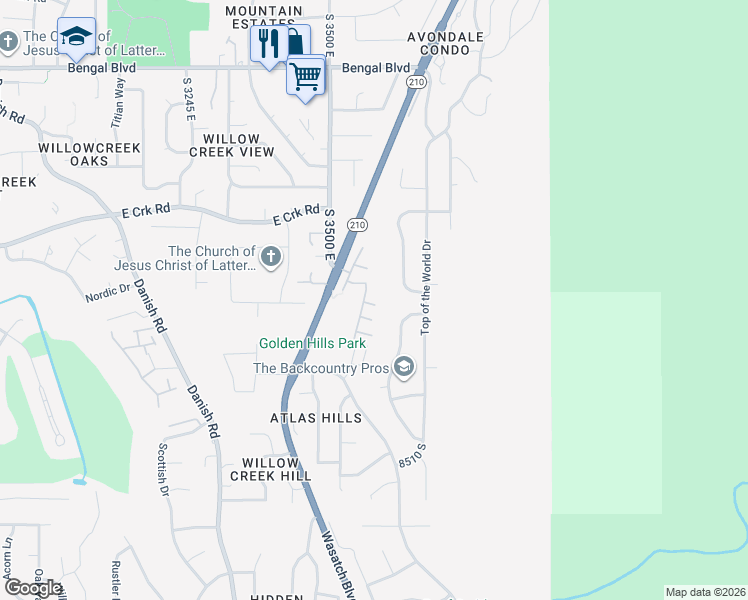 map of restaurants, bars, coffee shops, grocery stores, and more near 3581 Lone Brook Lane in Cottonwood Heights