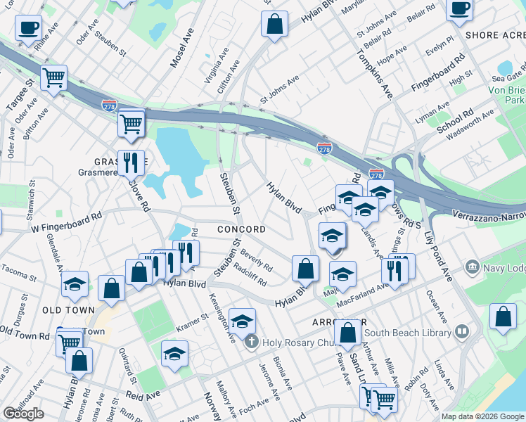 map of restaurants, bars, coffee shops, grocery stores, and more near 75 Piedmont Avenue in Staten Island