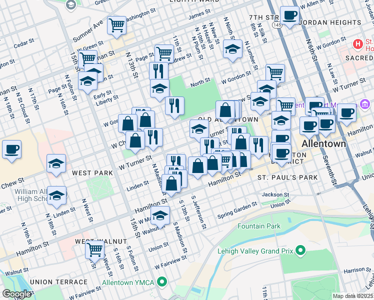 map of restaurants, bars, coffee shops, grocery stores, and more near 144 North 12th Street in Allentown