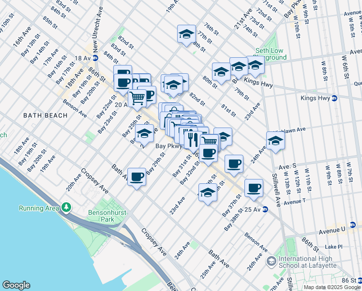 map of restaurants, bars, coffee shops, grocery stores, and more near 2180a 86th Street in Brooklyn