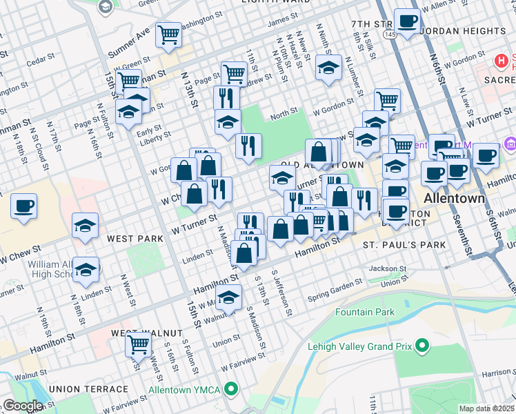 map of restaurants, bars, coffee shops, grocery stores, and more near 148 North 12th Street in Allentown