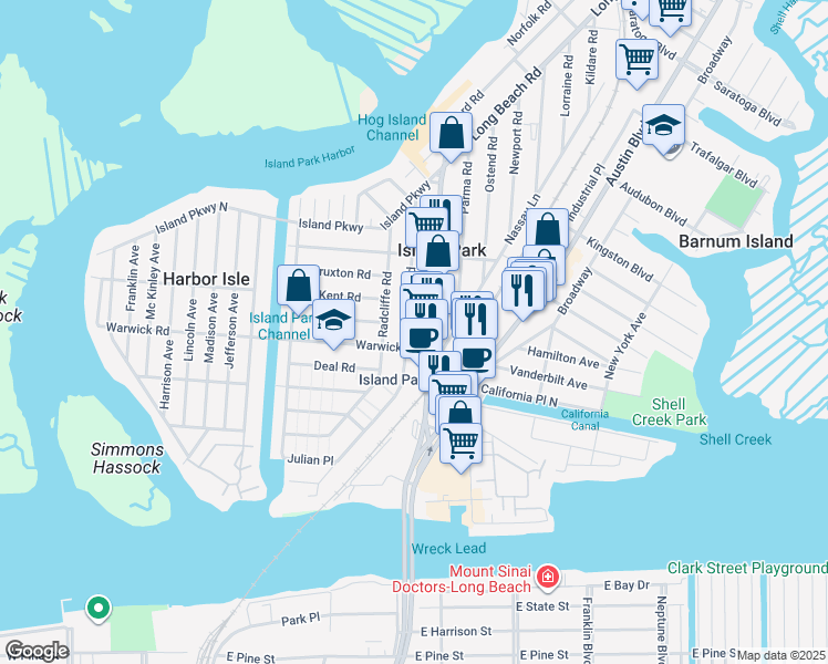 map of restaurants, bars, coffee shops, grocery stores, and more near 164B Long Beach Road in Island Park