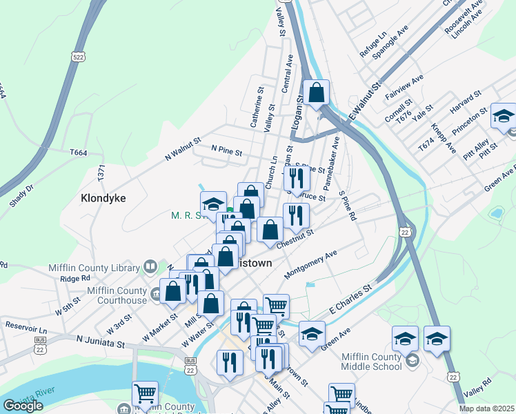 map of restaurants, bars, coffee shops, grocery stores, and more near 132 Valley Street in Lewistown